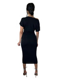 One Shoulder Short Sleeve Ruched Midi Dresses