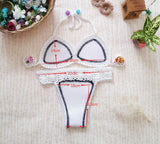 Colorful Crochet Trim Neoprene Triangle Brazilian Bikini Swimsuit - Two Piece Set