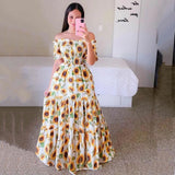 One Shoulder Floral Exposed Shoulder Long Printed Skirt