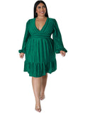 Plus Size Deep V Neck Long Puff Sleeve Mini Dresses