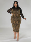 Long Sleeve Mesh Patchwork Plus Size Midi Dresses