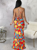 Strappy Back U-Neck Floral Print Fishtail Maxi Dress