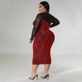 Long Sleeve Mesh Patchwork Plus Size Midi Dresses