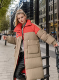 Contrast Color Stand-up Collar Over the Knee Cotton-padded Jacket