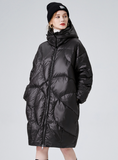 Black Glossy Thick Loose Hooded White Duck Down Coat