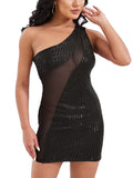 One Shoulder Sleeveless Glitter Sequin Bodycon Mini Dresses