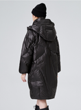 Black Glossy Thick Loose Hooded White Duck Down Coat