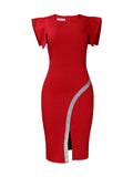 Short Sleeve Side Slit Shiny Trim Bodycon Midi Dress