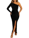 One Shoulder Velvet Ruched Drawstring Slit Midi Dresses