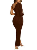 One Shoulder Velvet Ruched Drawstring Slit Midi Dresses