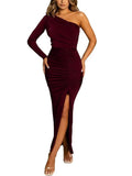 One Shoulder Velvet Ruched Drawstring Slit Midi Dresses