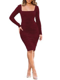 Long Sleeves Square Neck Ruched Midi Dresses