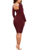 Long Sleeves Square Neck Ruched Midi Dresses