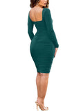 Long Sleeves Square Neck Ruched Midi Dresses