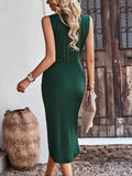 Sleeveless V Neck Ruched High Waist Split Midi Dresses