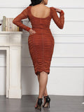 Mesh Sleeves Ruched Bodycon Midi Dresses