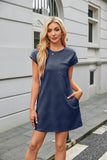 Jacquard Round Neck Pocket Short Sleeve Loose Dress