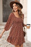 Square Neck Shirred Three-Quarter Sleeve A-Line Printed Dress