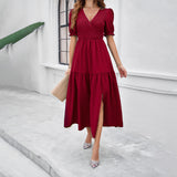 Temperament V-Neck Short-Sleeved Long Skirts