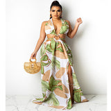 Printed Cross Strap V-Neck Slit Dresses