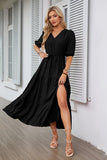 V-Neck Button Drawstring Hem Short Sleeve Dress