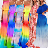 Large Size Chest Wrap Printed Ombre Full Skirt Dress