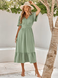 V-Neck Ruffle Sleeve Solid Color Long Dress