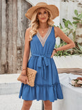 Solid V-Neck Sleeveless Lace Waistband Dress