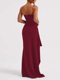 Straight Neck Strapless Backless High Slit Evening Dress