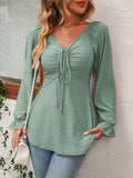 V-Neck Drawstring Waist Sexy Long Sleeve Solid Color T-Shirt