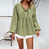 Solid Color V-Neck Long-Sleeved Tops