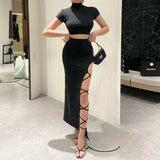 Slit Cross Strap Short Sleeve Skirt Set