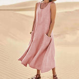 Sleeveless Round Neck Cotton And Linen Dress