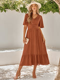 V-Neck Ruffle Sleeve Solid Color Long Dress