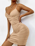 Spaghetti Strap Backless Ruched Bodycon Midi Dresses