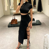 Slit Cross Strap Short Sleeve Skirt Set