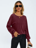 Round Neck Pleated Long Sleeve Casual T-Shirt