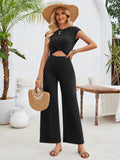 2 Piece Round Neck Short Sleeved Knit Top+Pants Sets