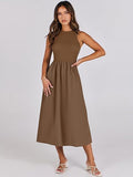 Round Neck Ribbed Sleeveless Dress With Pockets