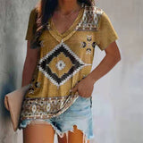 V Neck Pullover Ethnic Print T-shirts