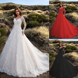 Long Sleeve Solid Color See-Through Lace Bridal Wedding Dress