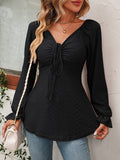 V-Neck Drawstring Waist Sexy Long Sleeve Solid Color T-Shirt