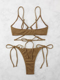 Solid Color Strappy Backless Swimsuit Bikini Sets