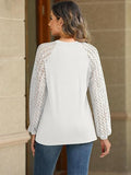 Lace Panel Round Neck Pleated Long Sleeve Top