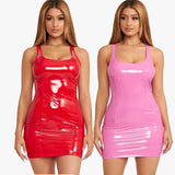 Deep V Neck Long Sleeve PU Leather Dress