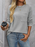 Waffle Solid Color Round Neck Pocket Casual Loose T-Shirt