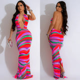 Printed Sleeveless Deep V Backless Maxi Dress