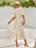 V-Neck Ruffle Sleeve Solid Color Long Dress