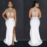 Mesh Rhinestone Slit Maxi Dress