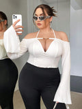 Plus Size Bateau Collar Flared Long Sleeve Top